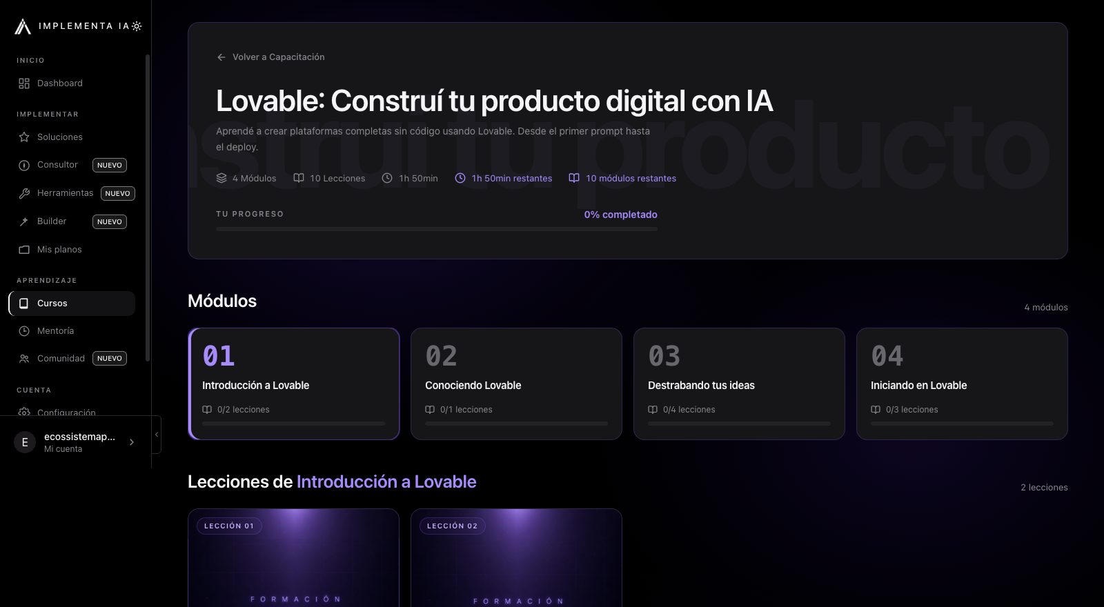 Curso abierto con módulos y lecciones