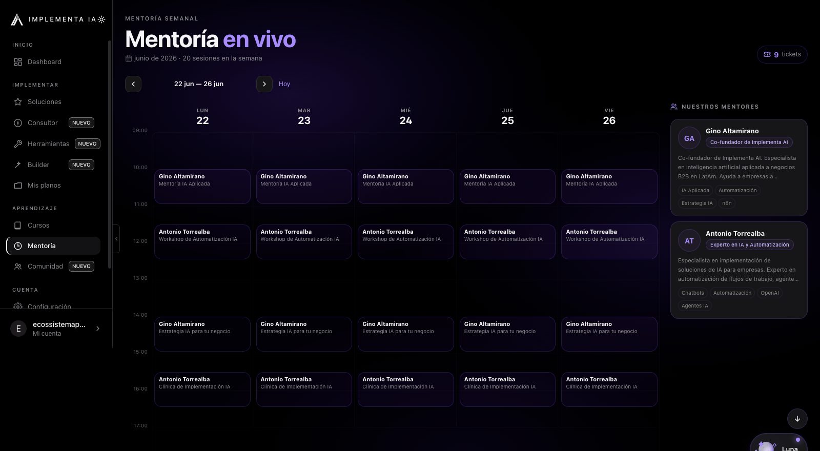 Agenda semanal de mentorías en vivo